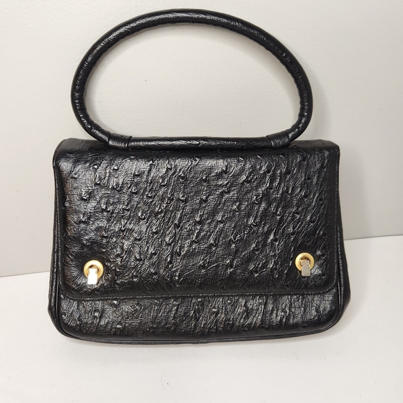 vintage ostrich Print leather 50's handbag black flap close round handle EVC - Picture 1 of 13